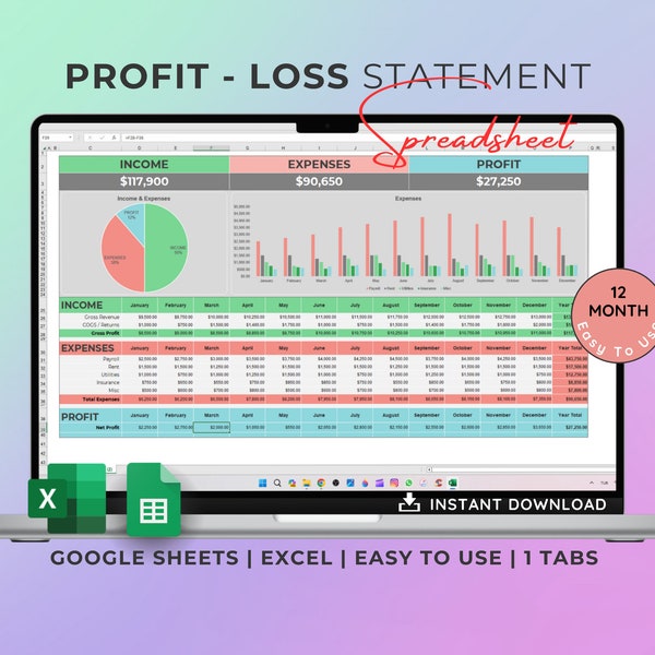 Profit and Loss Statement Template, Annual Profit & Loss Statement, Excel and Google spreadsheets, Profit margin calculator, Profit Tracker