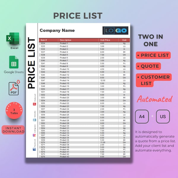 Price List Template, Google sheets, Microsoft Excel, PDF convertible, Wholesale Product Price List, Job Price List, Job Proposal, Printable.