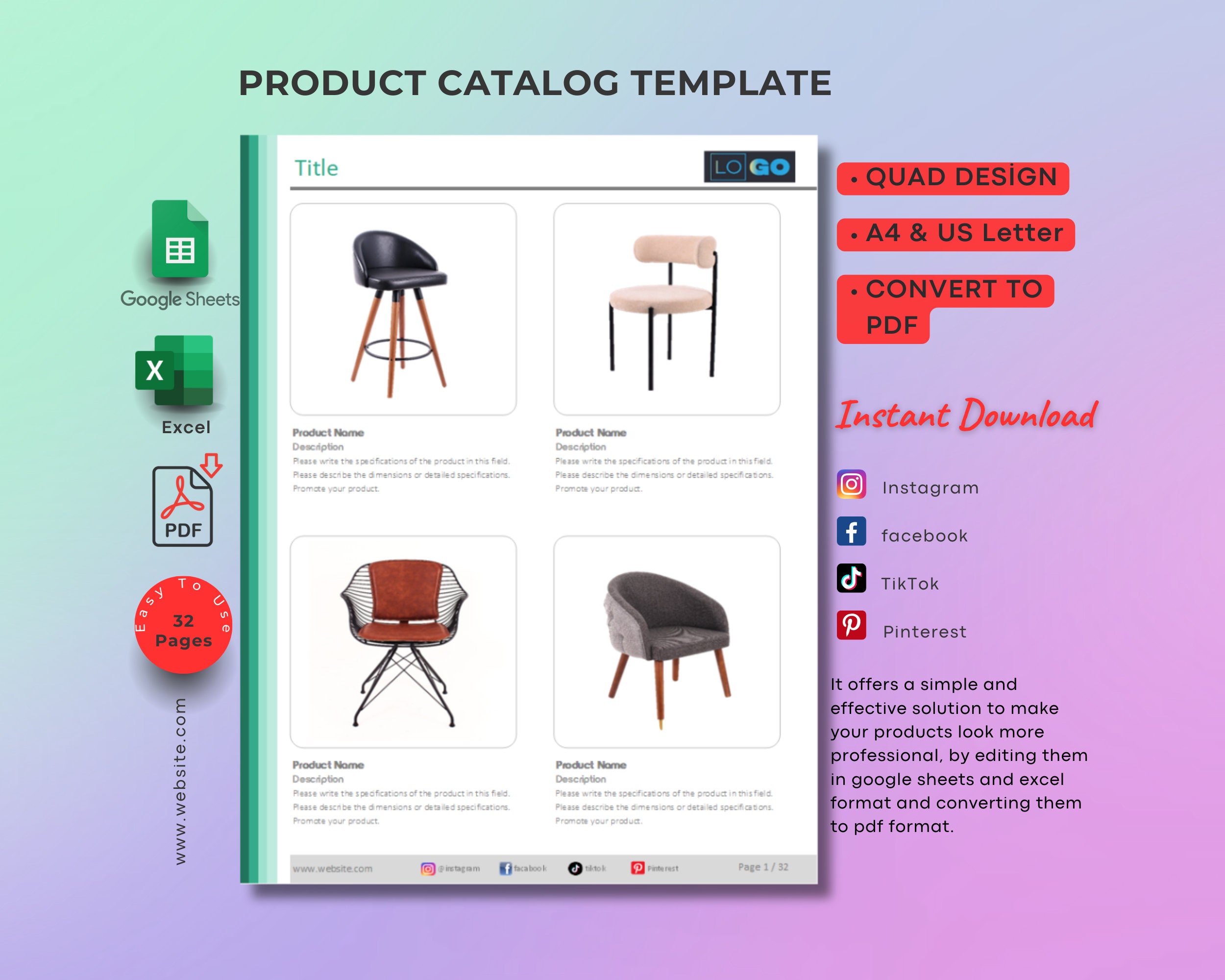 Product Catalog Template, Excel and Google Spreadsheets, 4 Design Product Catalog Template, Excel and Google Spreadsheets, 4 Design