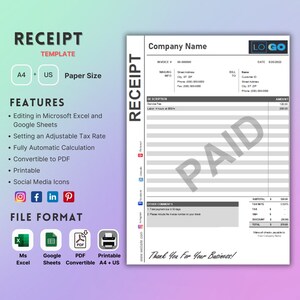 Receipt Template Google Sheets and Microsoft Excel, Convertible PDF ...