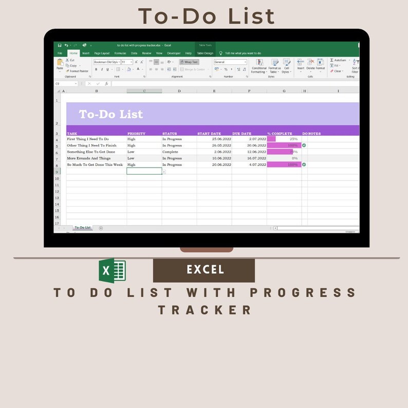 To Do List With Progress Tracker Excel Template - Etsy