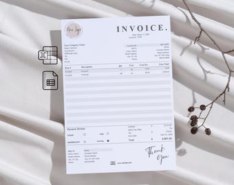 Può includere: Un modello di fattura bianco con un logo in bianco e nero, una tabella con colonne per il numero dell'articolo, la descrizione, la quantità, il prezzo unitario e il totale della riga, e una sezione per i metodi di pagamento. La fattura include un totale parziale, l'IVA e l'importo totale dovuto.