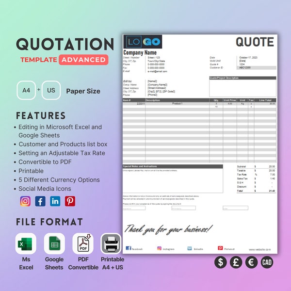 Advanced Quote Template, Excel, Google sheets, PDF Convertible, Quote Form, Job Quotation, Job Proposal, Printable, A4 and US Letter size.