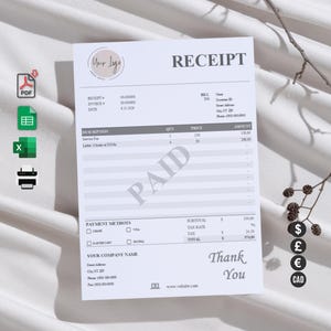 Receipt template in printable ready pdf, For small business, Editable excel and google sheets formats, Five different currencies