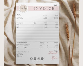 Pode incluir: Um modelo de fatura minimalista com um design de borboleta rosa. A fatura inclui uma seção para informações de faturamento, uma tabela para custos detalhados e uma seção para métodos de pagamento. A fatura também inclui um subtotal, uma taxa de imposto, um valor de imposto e um total.