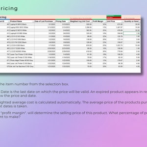 May include: A table showing pricing information for various products, including laptops, LCDs, printers, and fax machines. The table includes product ID, product name, date of last purchase, pricing date, weighted average unit cost, profit margin, unit price, and quantity on hand.