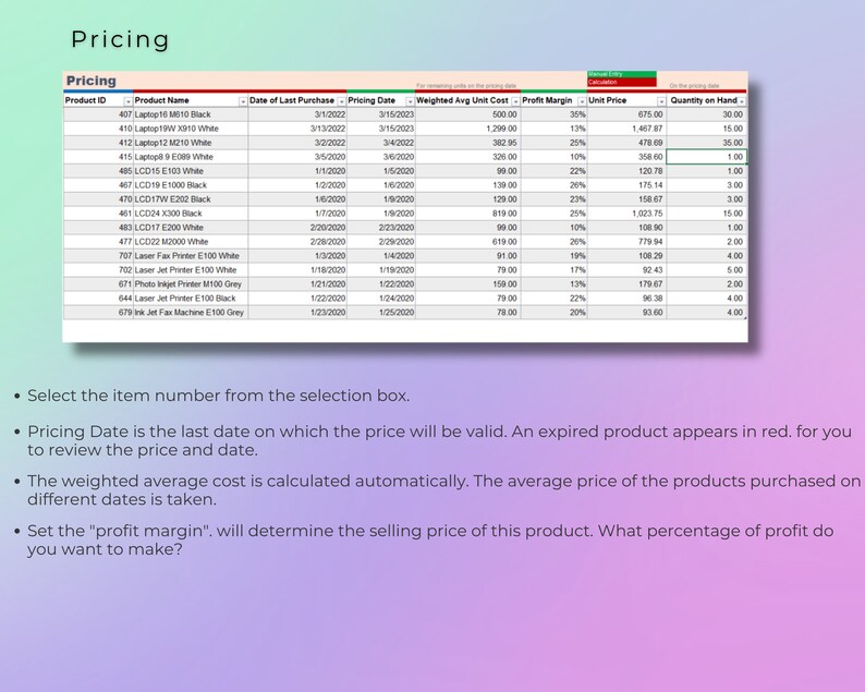 May include: A table showing pricing information for various products, including laptops, LCDs, printers, and fax machines. The table includes product ID, product name, date of last purchase, pricing date, weighted average unit cost, profit margin, unit price, and quantity on hand.