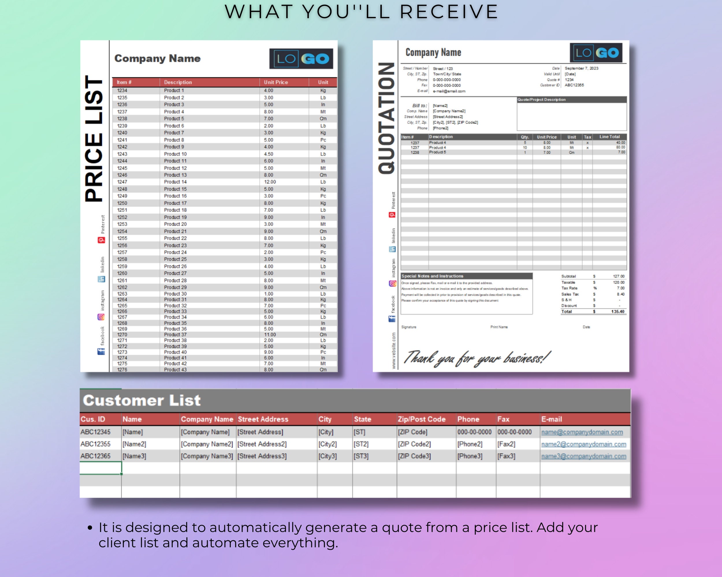 Price List Template, Google Sheets, Microsoft Excel, PDF Convertible