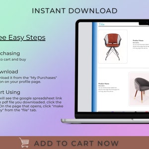 May include: A laptop screen displaying a website with two chairs, one with a brown leather seat and a black metal frame, and the other with a gray fabric seat and wooden legs. The website also includes text that says "Title" and "Product Name". The laptop is on a pink and purple background with the text "INSTANT DOWNLOAD" and "Three Easy Steps" above it. Below the laptop is a shopping cart icon and the text "ADD TO CART NOW".