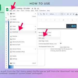 May include: A screenshot of a Google Sheets spreadsheet with a dropdown menu showing the option to download the spreadsheet as a PDF file. The menu also shows other file types, including Excel, OpenDocument, Web Page, Comma Separated Values, and Tab Separated Values.