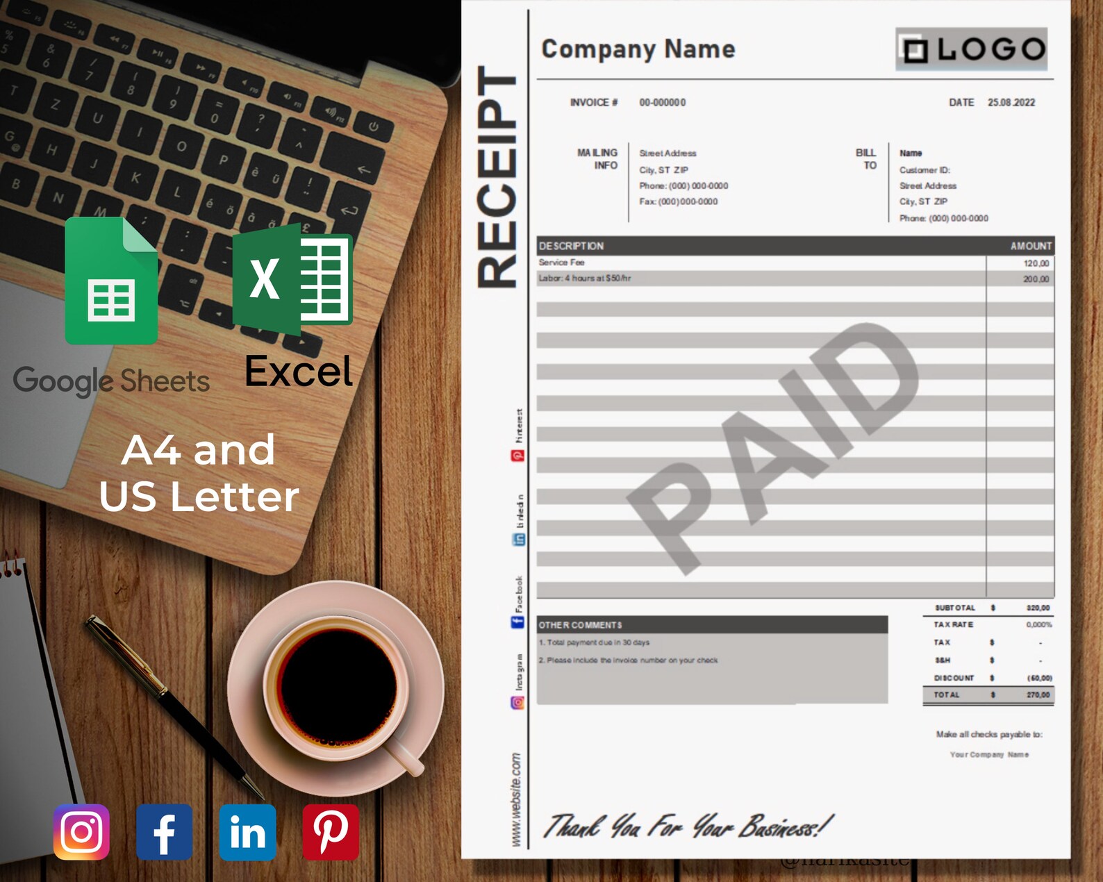 Receipt Template Google Sheets and Microsoft Excel - Etsy