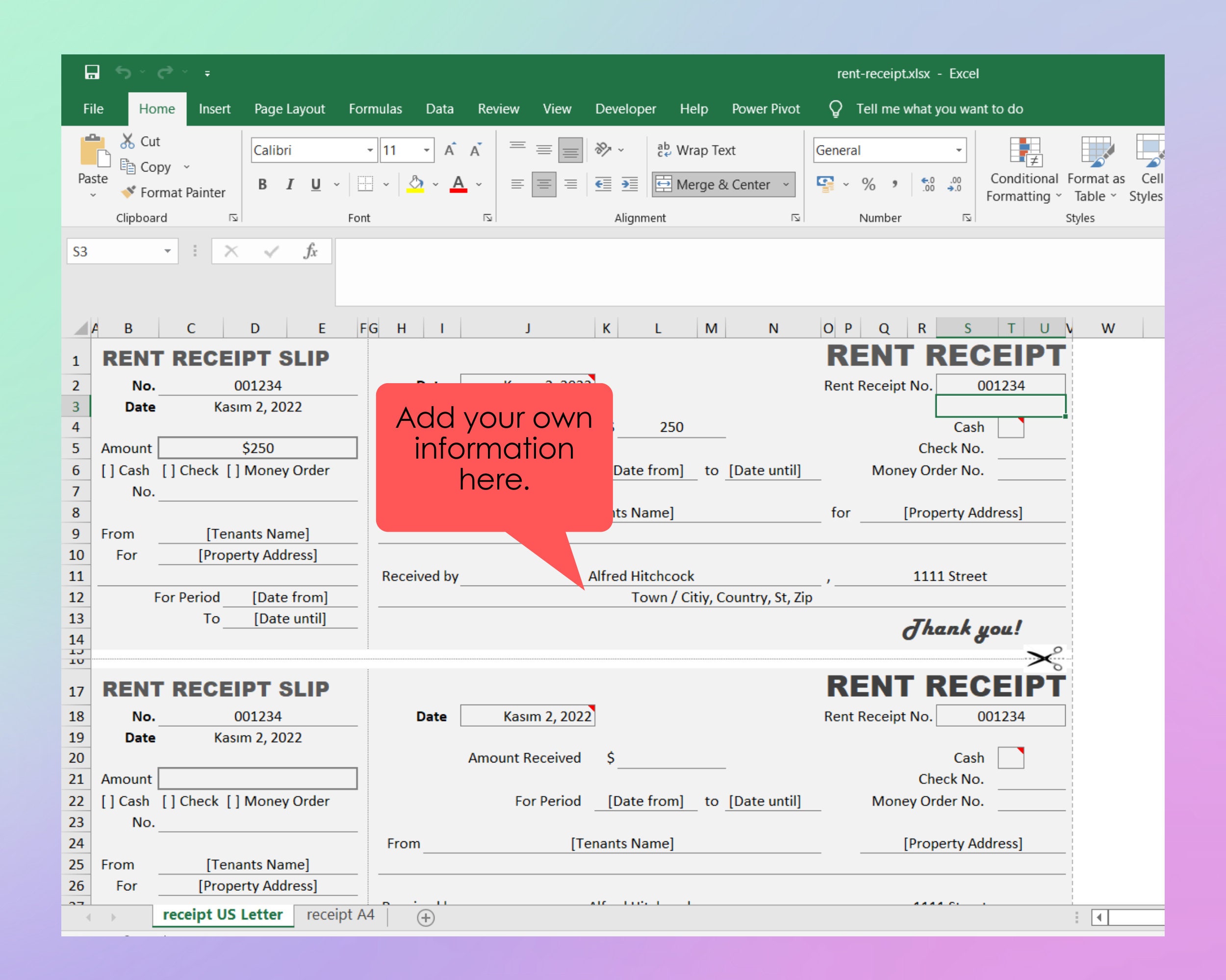Rental Receipt Template, Excel, Google Sheets, PDF, Receipt Form, for