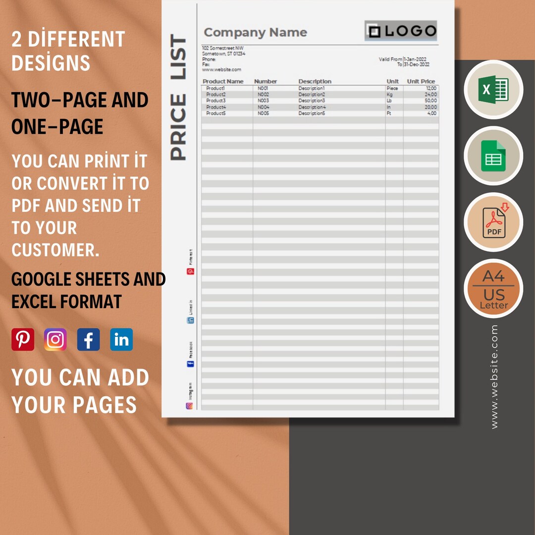 Price List Template Google Sheets Microsoft Excel PDF - Etsy
