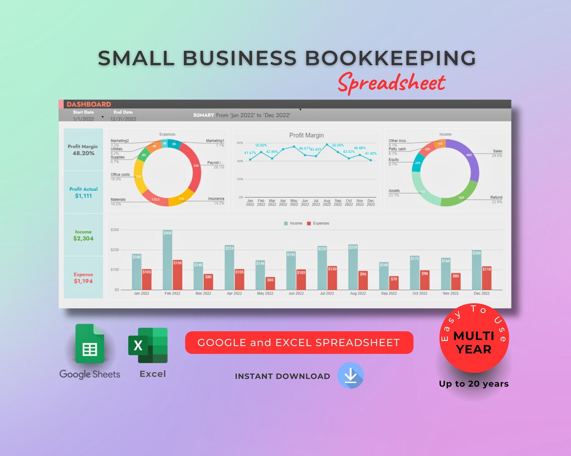 Small Business Bookkeeping Spreadsheet, Google Sheets, Excel Template ...