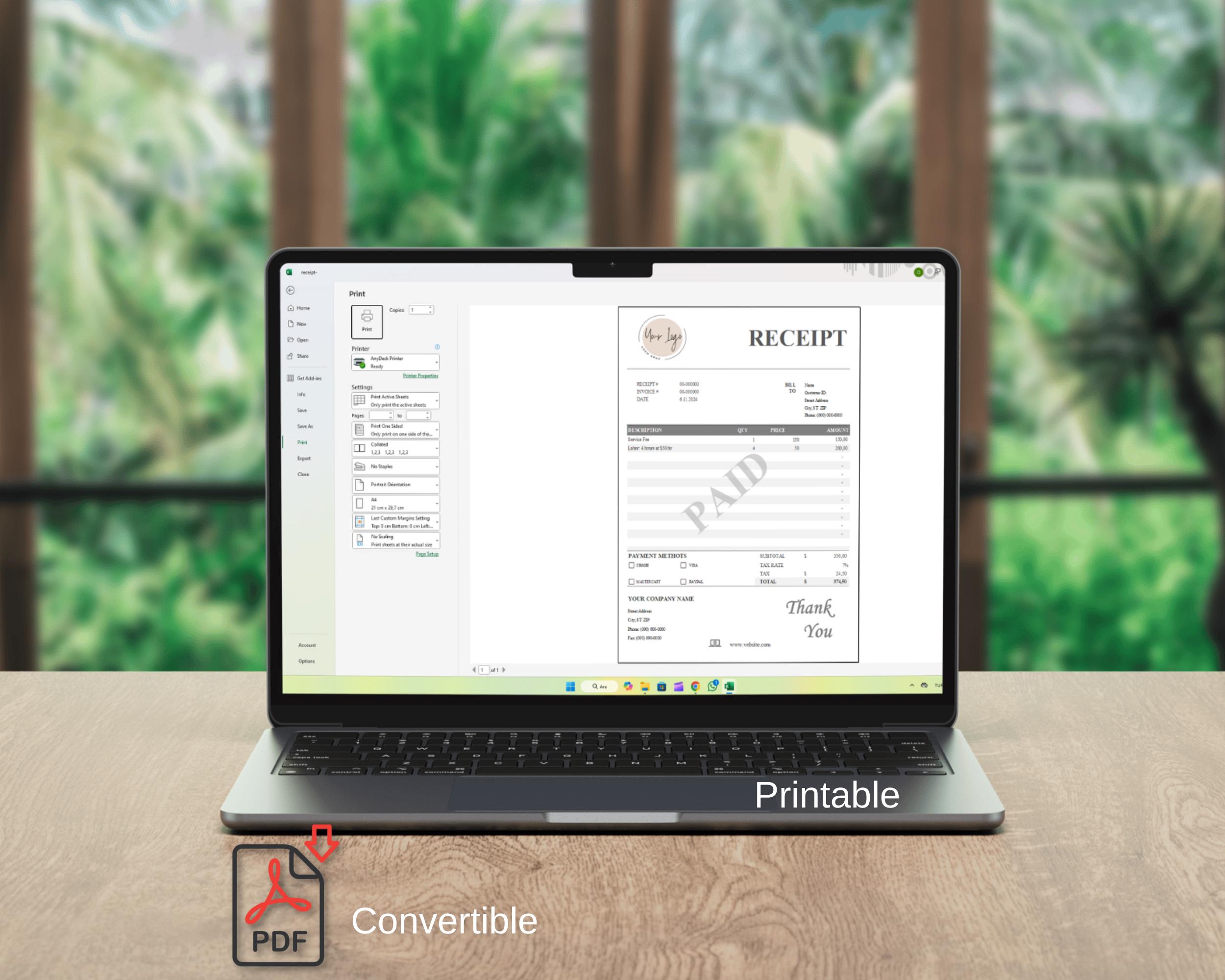 Receipt template, editable PDF for easy customization.