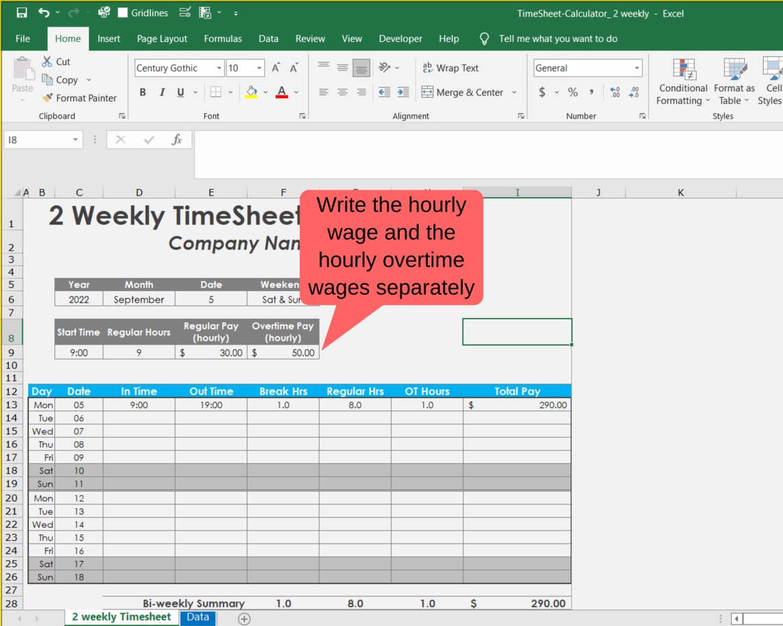 Biweek Timesheets Employee Table, With Break, Salary Calculator, Excel