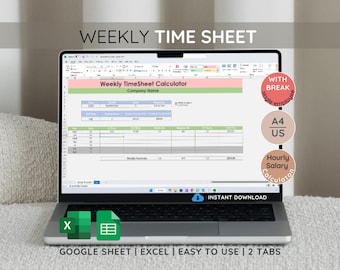 May include: A laptop screen displaying a weekly timesheet calculator template in a spreadsheet program. The template is designed for a single employee and includes a break time calculator. The text on the screen reads "Weekly TimeSheet Calculator", "Company Name", "WITH BREAK", "simple employee", "A4 US", "Hourly Salary Calculator", "INSTANT DOWNLOAD", "GOOGLE SHEET | EXCEL | EASY TO USE | 2 TABS".