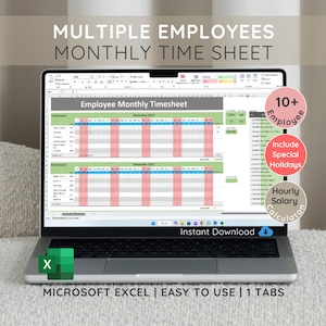 Könnte beinhalten: Ein Laptop-Computer, auf dem eine Microsoft Excel-Tabelle mit einer monatlichen Zeittabellenvorlage für mehrere Mitarbeiter angezeigt wird. Die Tabelle enthält einen Bereich für Mitarbeiternamen, Daten, geleistete Stunden und einen Rechner für den Stundenlohn. Die Vorlage ist so konzipiert, dass sie die Arbeitszeiten von Mitarbeitern verfolgt und Löhne für Unternehmen mit mehreren Mitarbeitern berechnet.