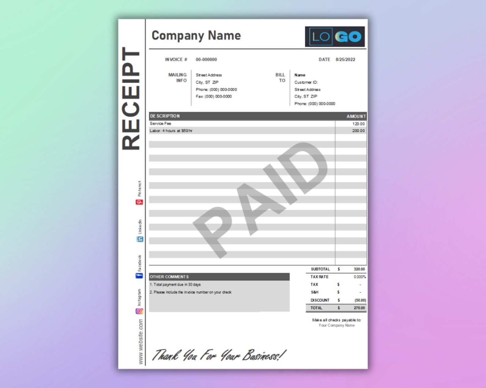 Receipt Template Google Sheets and Microsoft Excel, Convertible PDF ...