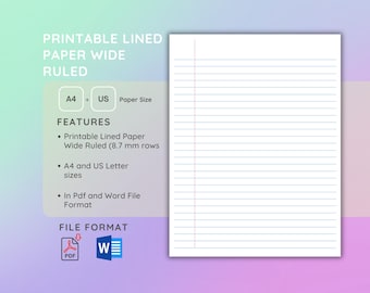 Printable Lined Paper, Wide Ruled, A4, US Letter, PDF, Microsoft Word, 8.7 mm