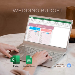 May include: A laptop computer displaying a wedding budget spreadsheet in Excel or Google Sheets. The spreadsheet has two columns, one labeled "My Wedding Budget" and the other labeled "Current". The spreadsheet has a pink and blue color scheme. The text "INSTANT DOWNLOAD" is displayed below the laptop.