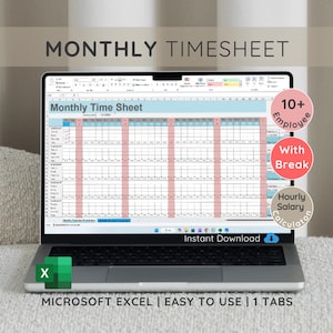 Könnte beinhalten: Ein Laptop-Computer, auf dem eine monatliche Zeittabellenvorlage in Microsoft Excel angezeigt wird. Die Vorlage ist für 10+ Mitarbeiter konzipiert und enthält einen Abschnitt für Pausen und einen Stundenlohnrechner. Der Text "Monthly Time Sheet" ist auf dem Bildschirm sichtbar. Der Laptop befindet sich auf einer weißen Oberfläche.