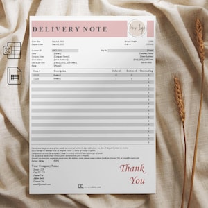 Könnte beinhalten: Eine Liefernotiz-Vorlage mit einer rosa Kopfzeile und einer Dankesbotschaft am Ende. Die Vorlage enthält Felder für das Bestelldatum, den Kundennamen, die Lieferadresse, die Artikelnummer, die Beschreibung, bestellt, geliefert und ausstehend.