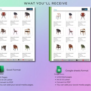 May include: A digital product mockup showing a product catalog template for chairs. The template is available in both Excel and Google Sheets formats. The Excel format includes 32 pages, A4 and US Letter sizes, and the ability to convert to PDF. The Google Sheets format includes unlimited pages, A4 and US Letter sizes, and the ability to convert to PDF. Both formats allow you to add your social media pages.