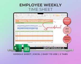 Weekly Timesheets Employee Table, With Break, Salary Calculator, Excel, Google Sheets, HR, Form