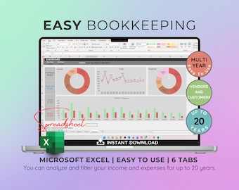 May include: A laptop screen displaying a Microsoft Excel spreadsheet with a dashboard showing income, profit, and expenses. The spreadsheet is designed for easy bookkeeping and can track data for up to 20 years. The text on the screen reads "EASY BOOKKEEPING" and "INSTANT DOWNLOAD".