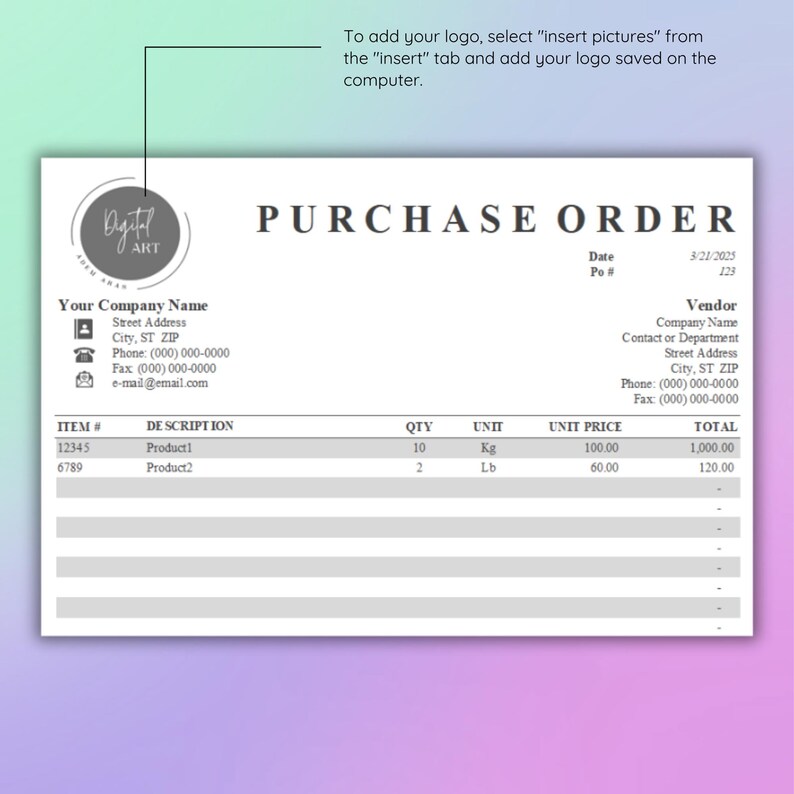 Purchase Order Form Template: Editable Excel & Google Sheets ...