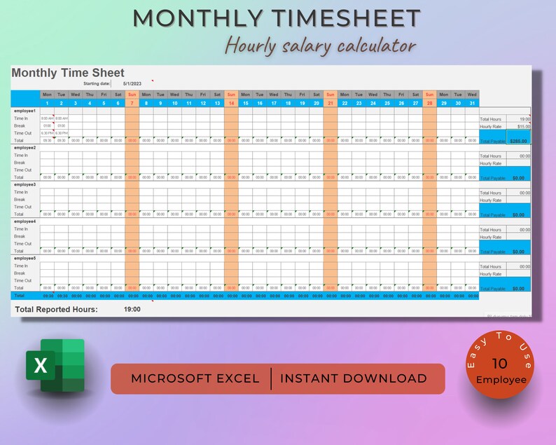 Monthly timesheet for multiple employees employee table with etsy