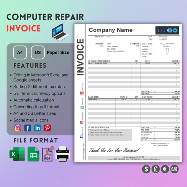 Computer maintenance and repair invoice template, excel, google sheets, labor and spare parts invoice, two different tax rate sections