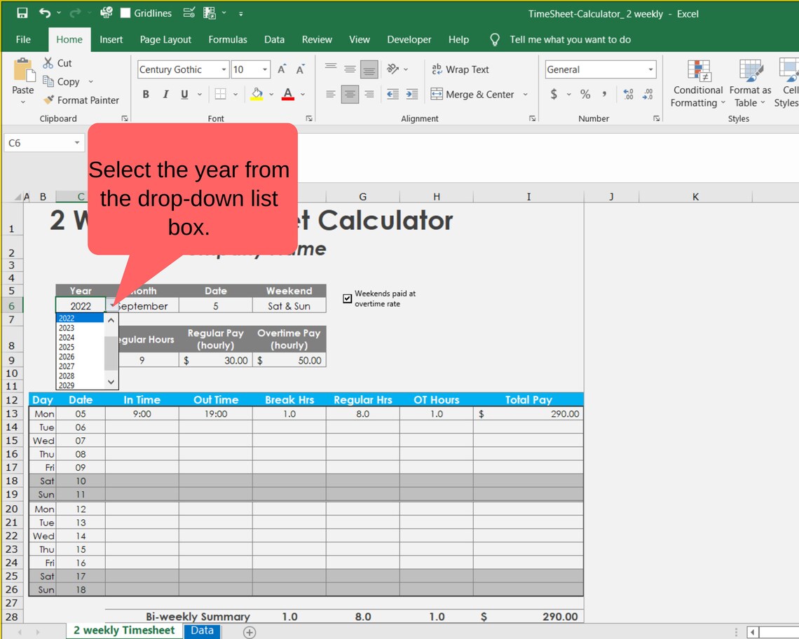 Biweek Timesheets Employee Table, With Break, Salary Calculator, Excel