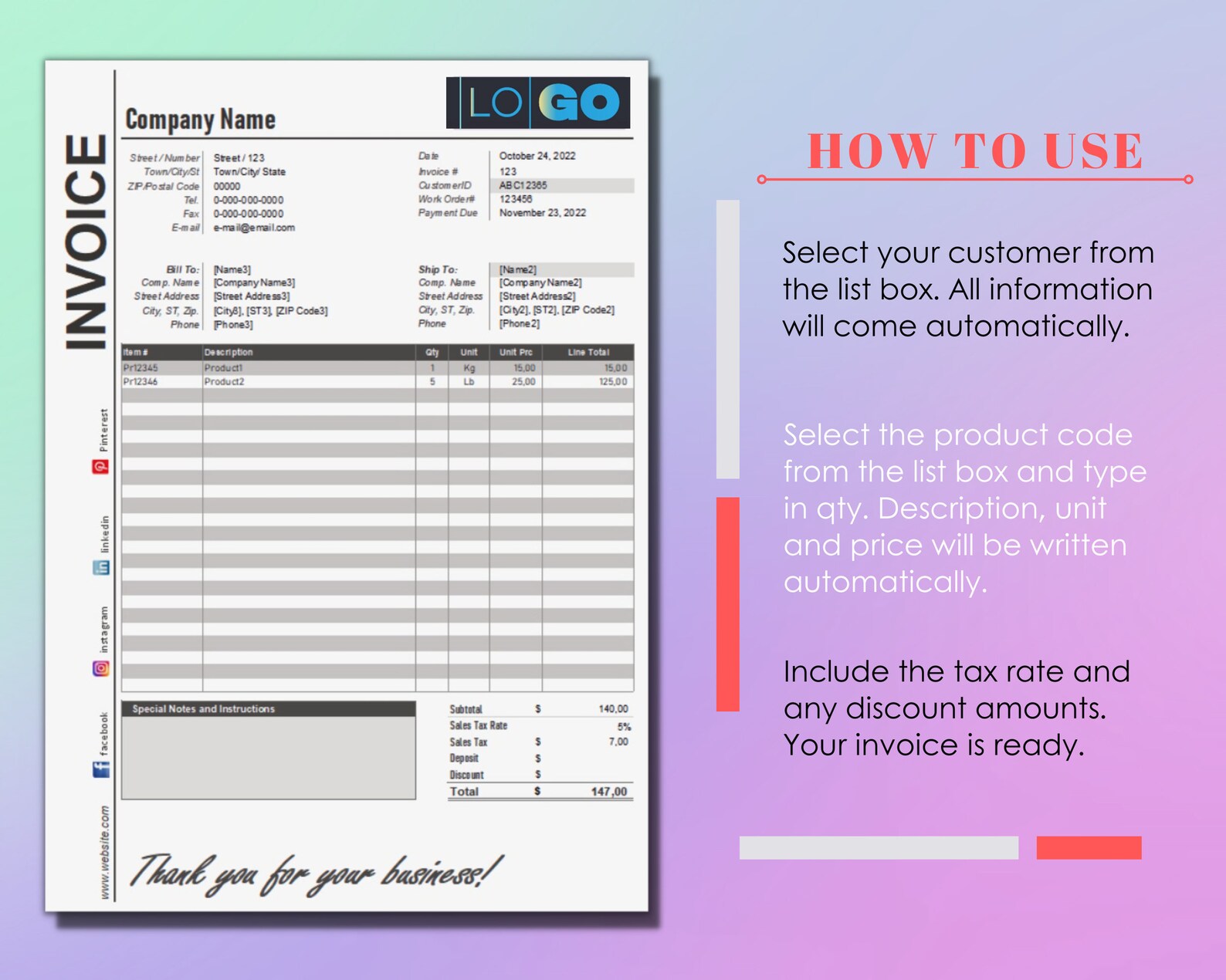 Advanced Invoice and Receipt Template, Selected From Customers and ...