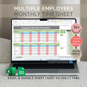 Mehrere Mitarbeiter Monatliche Stundenübersicht, Excel und Google Sheets, Mitarbeiter Tabelle, Gehaltsrechner, bis zu 10 Mitarbeiter, HR Forms