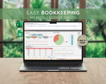 May include: A laptop computer displaying a spreadsheet with charts and graphs. The spreadsheet is titled "Bookkeeping Spreadsheet" and includes data such as "Total Income", "Total Expenses", and "Net Profit". The laptop is on a wooden table with a green background.