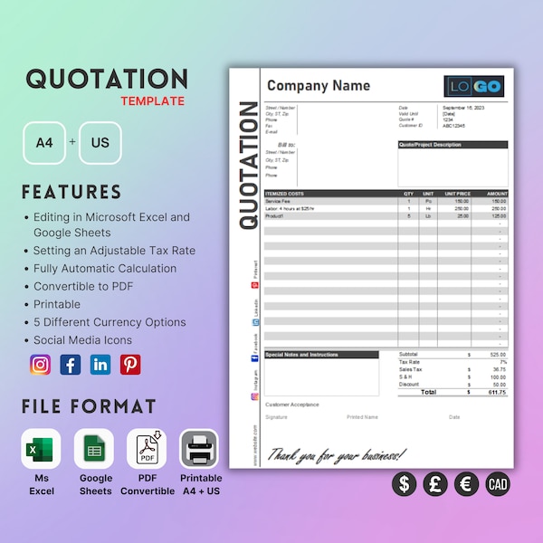 Quote Template Google sheets and Microsoft Excel, PDF convertible, Quote Form, Job Quotation, Job Proposal, Printable.