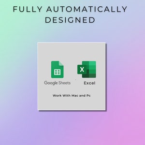 May include: A white square with rounded corners shows the Google Sheets and Excel logos. The text "Google Sheets" and "Excel" are below the logos. The text "Work With Mac and Pc" is below the logos.