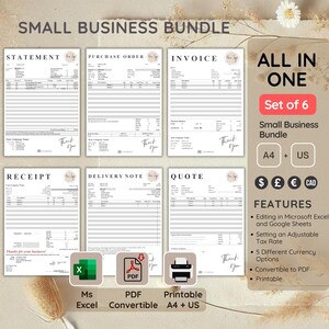 Conjunto de 6 plantillas para pequeñas empresas, editables y avanzadas, de Microsoft Excel, PDF convertible, en tamaños A4 y Carta de EE. UU., imprimibles.