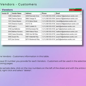 May include: A table with a list of vendors and customers, including their names, addresses, phone numbers, and email addresses. The table is labeled "Vendors - Customers".