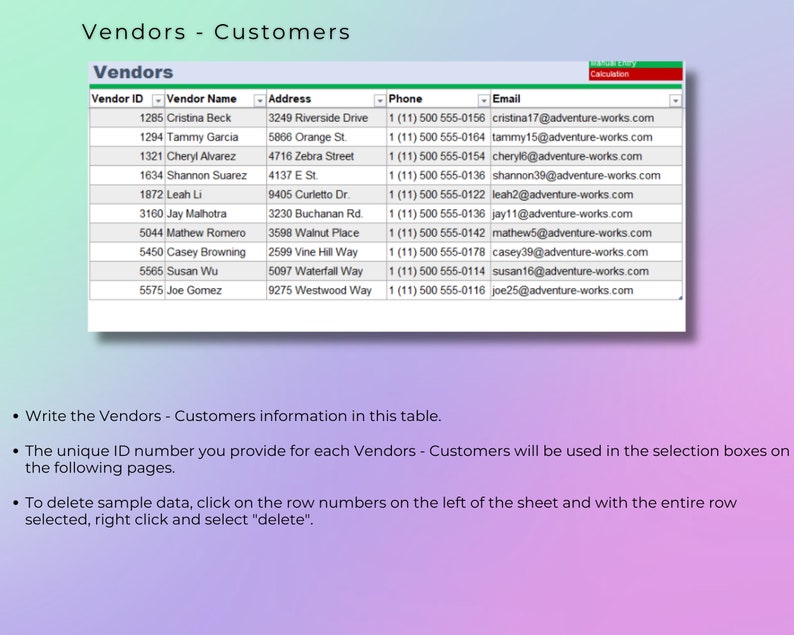 May include: A table with a list of vendors and customers, including their names, addresses, phone numbers, and email addresses. The table is labeled "Vendors - Customers".