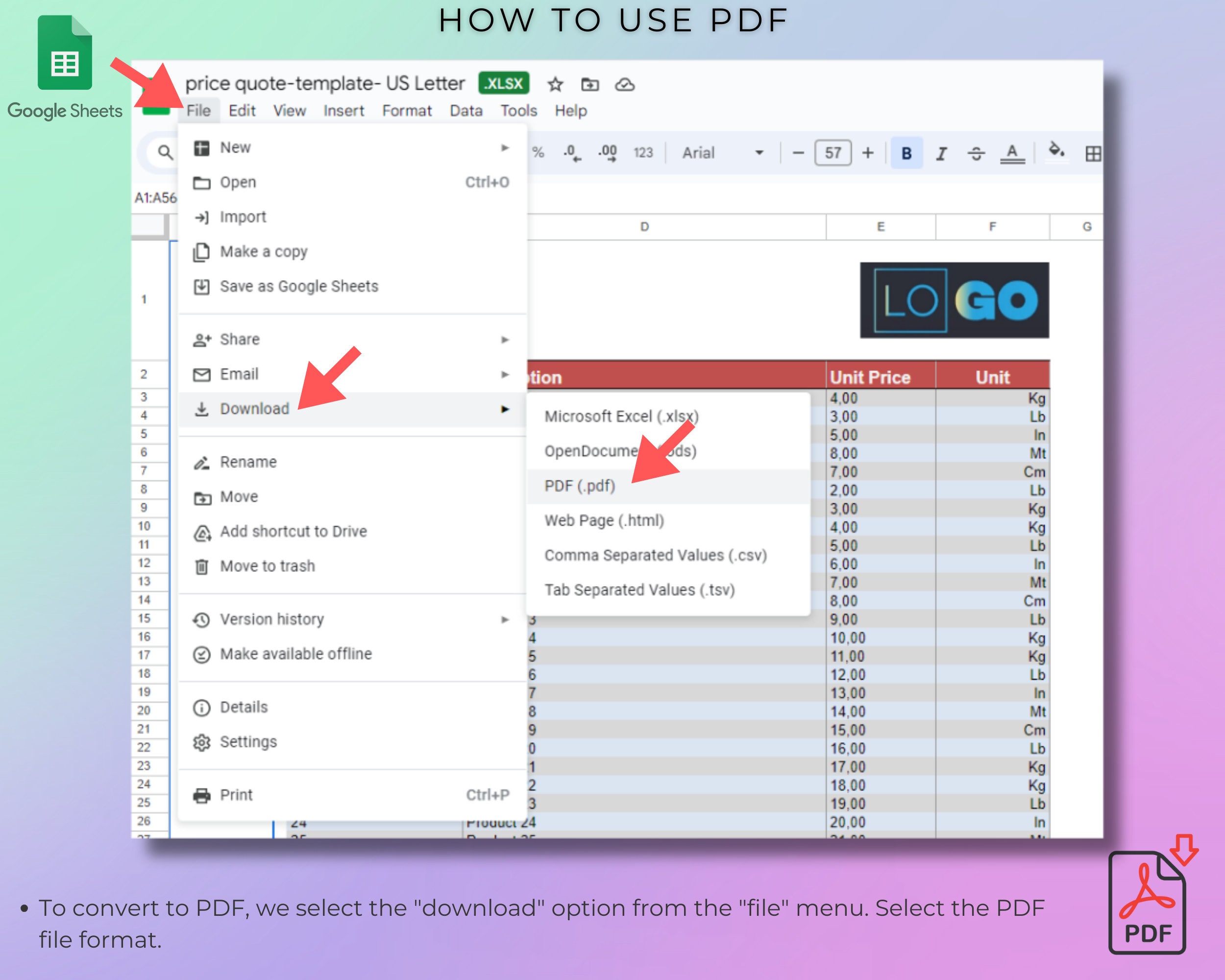 Price List Template, Google Sheets, Microsoft Excel, PDF Convertible