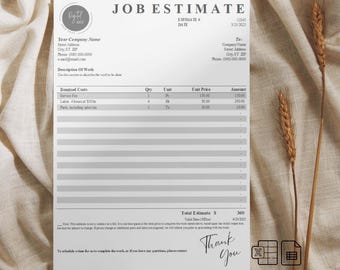 Può includere: Un modulo di preventivo di lavoro in bianco e nero con il titolo "JOB ESTIMATE" e il testo "Thank You" in fondo. Il modulo include una tabella con colonne per i costi dettagliati, la quantità, l'unità, il prezzo unitario e l'importo.
