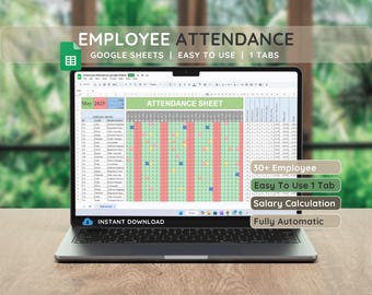 Può includere: Un computer portatile che mostra un foglio di calcolo di Google Sheets con un foglio di presenza dei dipendenti per il mese di maggio 2025. Il foglio di calcolo ha uno schema di colori verde e rosso e include una colonna per i nomi dei dipendenti, i titoli di lavoro e la presenza giornaliera. Il testo "EMPLOYEE ATTENDANCE" è visualizzato nella parte superiore del foglio di calcolo. Il testo "30+ Employee", "Easy To Use 1 Tab", "Salary Calculation" e "Fully Automatic" è visualizzato in caselle sotto il foglio di calcolo.