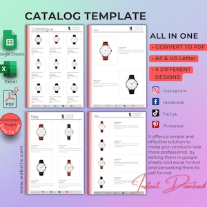 Product Catalog Template: 4 Designs, Excel & Google Sheets (Digital Download)