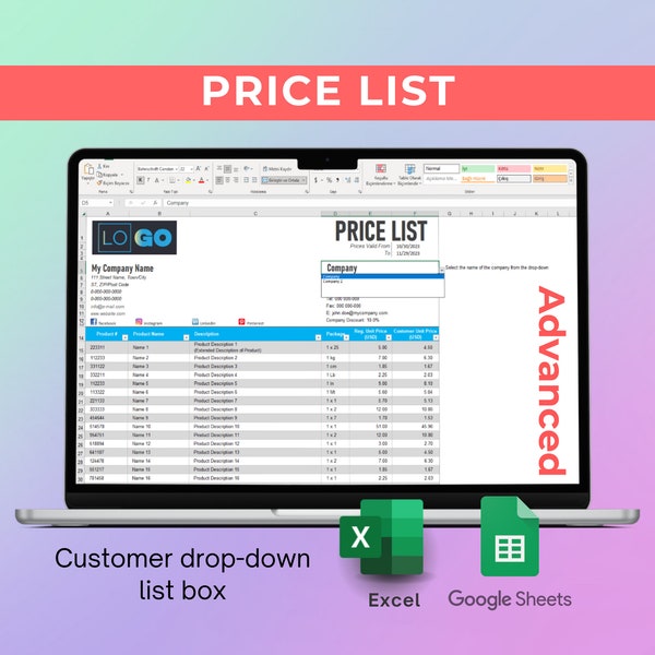 Advanced Price List Template, Excel, Google sheets, PDF convertible, Wholesale Product Price List, Job Price List, Job Proposal, Printable.