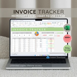 May include: A laptop computer displaying a Microsoft Excel spreadsheet with the title "Invoice Tracker". The spreadsheet has a green, red, and yellow pie chart and a table with columns for invoice number, date, amount, and due date. The laptop is on a white surface with the text "Unlimited copies lifetime access." and "Instant Download" displayed on the screen.
