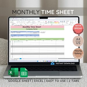 May include: A laptop displaying a "Monthly Time Sheet" template. The screen shows a spreadsheet with pink and green highlighted sections. Text on the screen includes "Company Name" and "Instant Download". Icons for Excel and Google Sheets are visible.