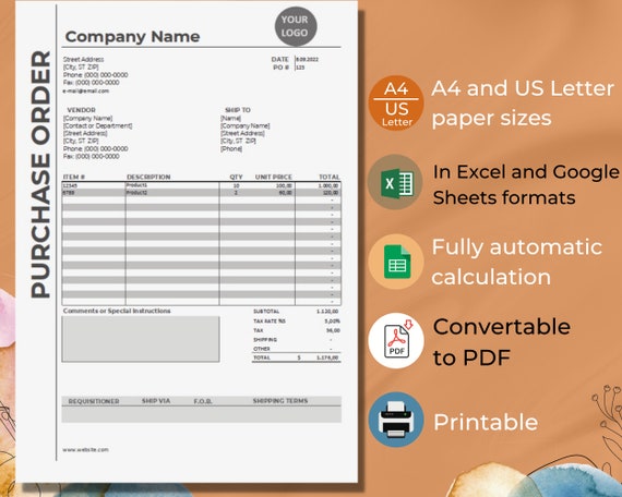 Purchase Order Form Template Google Sheets Microsoft Excel - Etsy